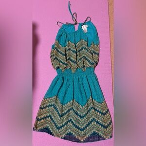 Turquoise and Gold Patterned Juniors Dress